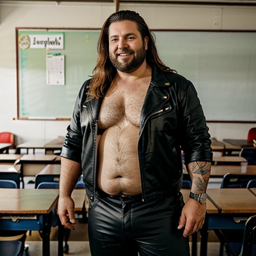 (((1 Fat Only plump chubby extremely thick thighs large belly fat age 50 years old he is bearded long hair, tatuagens pelo corpo inteiro, wears an unbuttoned black leather jacket, wearing only red swim trunks and wearing black motorcycle boots. Carrancudo ...