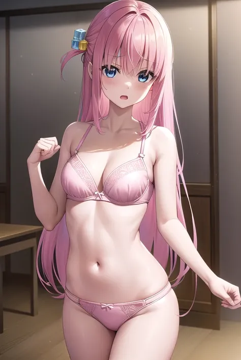 hitorigotou, Hitori Gotou, blue eyes, cube hair ornaments, Hair between the eyes, hair ornaments, Pink Hair, One side up, Long Hair,Nervously expression、Open mouth、
In underwear、Cute Bra、Cute Panties、
break indoors, classroom,
break looking at viewer, (Cow...