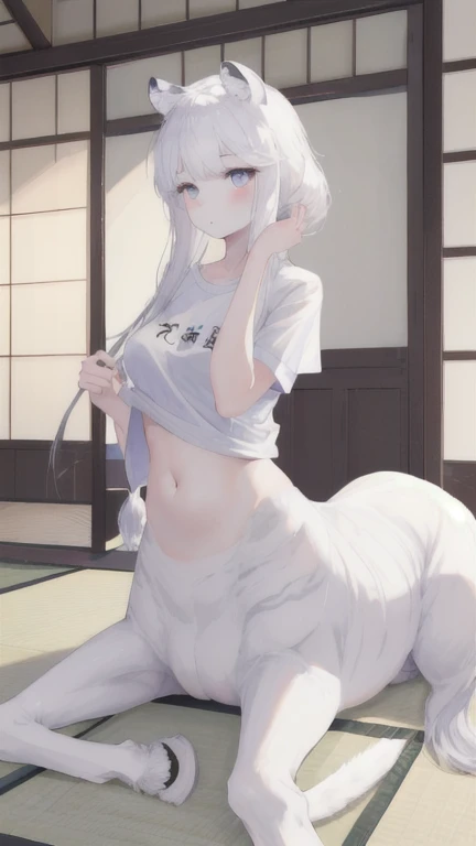 (best quality, masterpiece), 1 girl, centaur, It takes,White skin, Japanese , belly button t-shirt, 아름다운 소녀 perfect white tiger photo, perfect white tiger photo