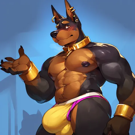 Solo, male (((dobermann, muscular, black fur, black body, black fur, black nose, brown eyes, flustered expression, blush, ear piercing, ear ring, golden collar, gold cuffs, underwear, white underwear, big bulge))) standing, 5 fingers ((focus eyes, focus pu...