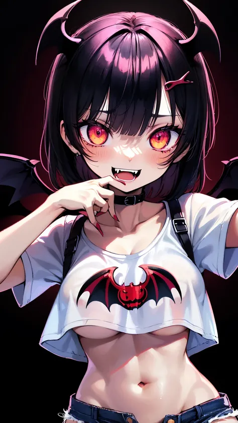 (best quality,4k,highres),sexy demon ,open denim shorts,white wet t-shirt,bare midriff,underboob,batwings,dracula fangs,gazing at viewer,portraits,vivid colors,dark and atmospheric lighting