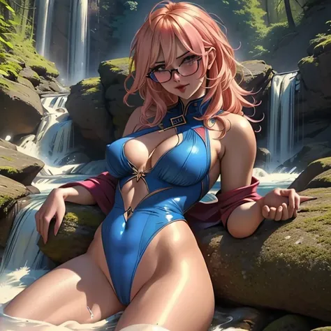 (masterpiece, best quality:1.2), cowboy shot, (solo, 1girl):1.3, glasses, long fluffy pink hair, gorgeous body, cowboy shot, slight smile, crop top, (sexy semi-transparent (blue) leotard), stomach, navel exposed, natural mid breasts, brown breast nipples s...