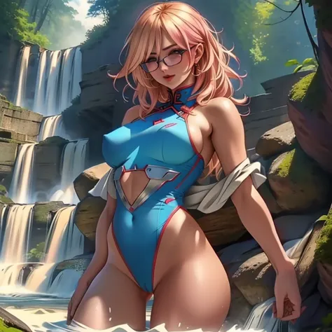 (masterpiece, best quality:1.2), cowboy shot, (solo, 1girl):1.3, glasses, long fluffy pink hair, gorgeous body, cowboy shot, slight smile, crop top, (sexy semi-transparent (blue) leotard), stomach, navel exposed, natural mid breasts, brown breast nipples s...