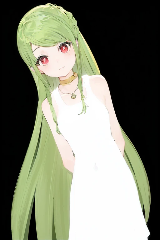 Digital watercolor, masterpiece, key anime visual, sharp, rich shadows, hi-res, softlight, anime girl with red eyes and white skin, adolescent, light green straight hair that falls to her knees, wearing a plain white sleeveless mini dress, tan sandals, , i...