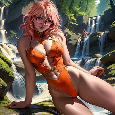 (masterpiece, best quality:1.2), cowboy shot, (solo, 1girl):1.3, glasses, long fluffy pink hair, gorgeous body, cowboy shot, slight smile, crop top, (sexy transparent (orange) leotard), stomach, navel exposed, natural mid breasts, brown breast nipples show...