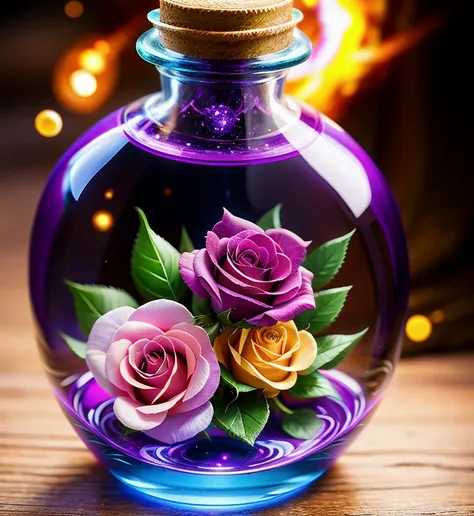 flowers roses, a glass bottle with a purple liquid inside of it, painting of one health potion, world of warcraft spell icon, fa...