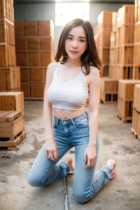 Beautiful girl, beautiful figure, big breasts, white tank top, Nobra,long blue jeans, nipple visible,The background is a durian warehouse. Kneeling on the floor poses