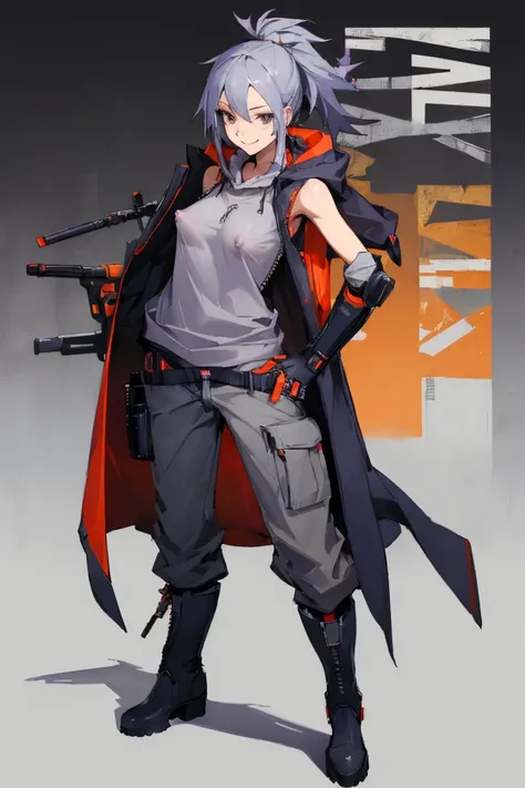 ((highest quality)), ((masterpiece)), (be familiar with),Clementine,Overload,nsfw,Sleeveless hoodie,Grey Shirt,cargo pants,Bewitching Smile,whole body,boots,Long coat,Erect nipples, cyber punk,SF
