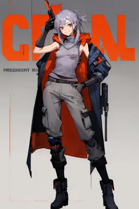 ((highest quality)), ((masterpiece)), (be familiar with),Clementine,Overload,nsfw,Sleeveless hoodie,Grey Shirt,cargo pants,Bewitching Smile,whole body,boots,Long coat,Erect nipples, cyber punk,SF
