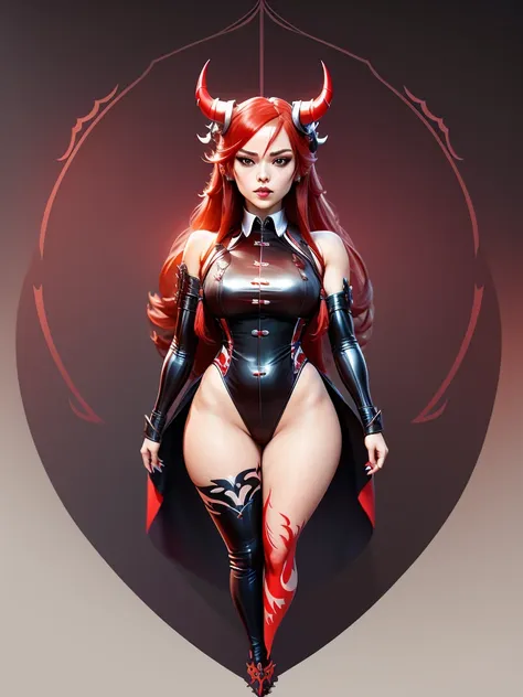 honkai impact, herrscher of thunder, very long hair, full body, red hair, full body tattoo, demon horn, long tail demon.