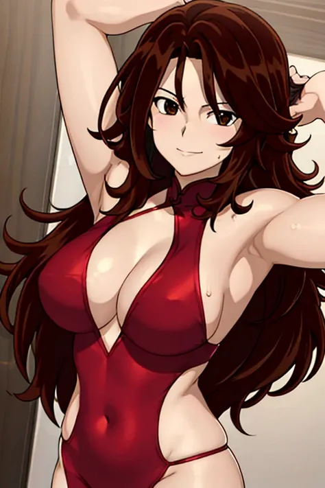 Selfie shot, detailed face, upper body view, detailed body, 4k, Sumergai Lee Noriega, best quality, anime style, hires, highest definition, digital blending, bold drawing lines, ((), (slender body), mature woman, (female wrestler, red chinese dress), cheer...