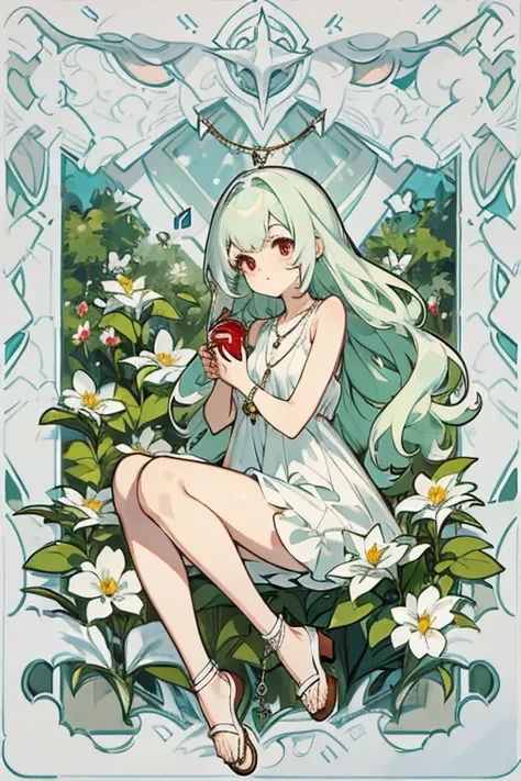 masterpiece, key anime visual, hi-res, softlight, anime girl with red eyes and white skin, adolescent, light green hair, straight hair that falls to her knees, wearing a plain white sleeveless mini dress, wearing tan sandals, , in the style of redjuice999,...