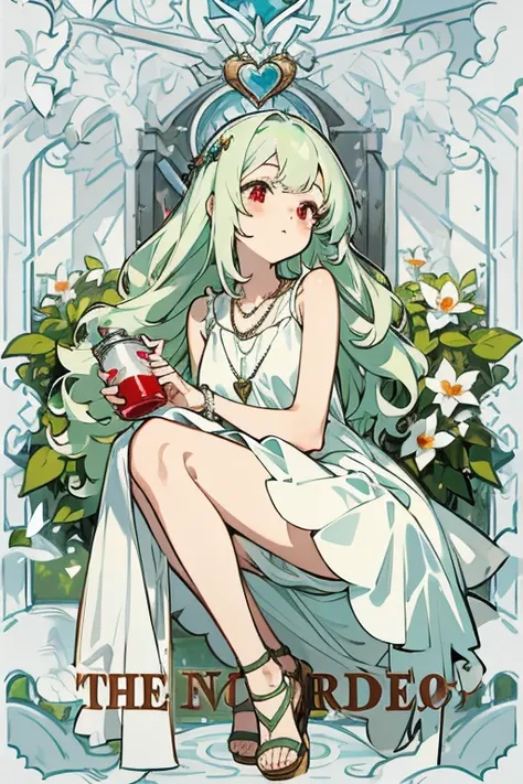 masterpiece, key anime visual, hi-res, softlight, anime girl with red eyes and white skin, adolescent, light green hair, straight hair that falls to her knees, wearing a plain white sleeveless mini dress, wearing tan sandals, , in the style of redjuice999,...