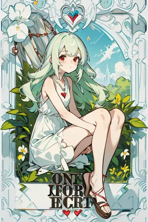 masterpiece, key anime visual, hi-res, softlight, anime girl with red eyes and white skin, adolescent, light green hair, straight hair that falls to her knees, wearing a plain white sleeveless mini dress, wearing tan sandals, , in the style of redjuice999,...