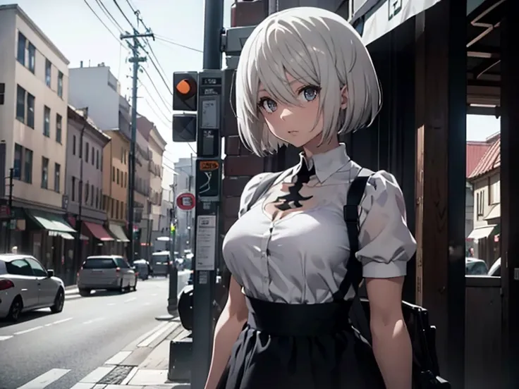 Yorha 2B,
Real Doll,Figure-like skin,White skin,
White shirt,Black mini skirt,Black apron,
Bob cut hair,Silver Hair,White eyes,
tall,Small breasts,Lower milk exposed,Looking down,Upright posture,from the front,

One Woman,Zoom in on face,The light shines t...