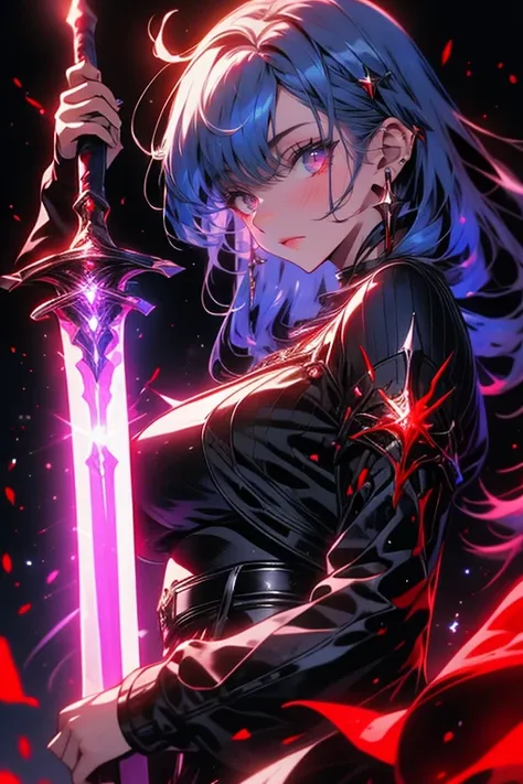 1girl,solo,cool,blue hair,holding a sword,around darkness,shining eye,red eye,knight,dress