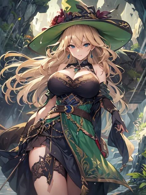 ８ｋ、最高masterpiece、Seen from the front、1 Female, witch, Earrings, Mature Woman, , (Long Hair), Blonde Hair, Big breasted anime women, A look of sexual desire、Sensual Body、 Side Arm, Sideboob, Curvy but slim, Perfect body,Sensual Body 深い紫色のローブ, belt, Cleavage...