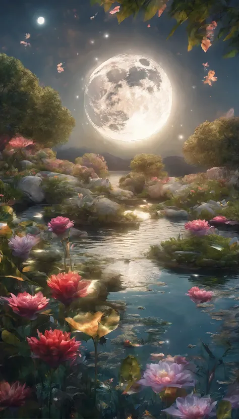 super moon,moonlit night,(Masterpiece, Best quality, High quality, A high resolution:1.4), Extremely detailed, ambient soft lighting, 4K, Outdoors, Nature, forest, green trees, Grass, a plant, Flowers, River, Caustics, water flow, Ripples, (waterfallr:1.2)...