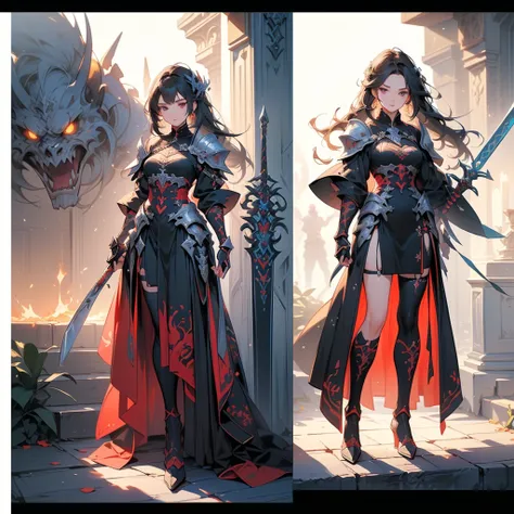 design a layout showcase gaming character, (1girl). red+black clothes, stylish and unique, ((showcase weapon:1.4)), flaming swor...