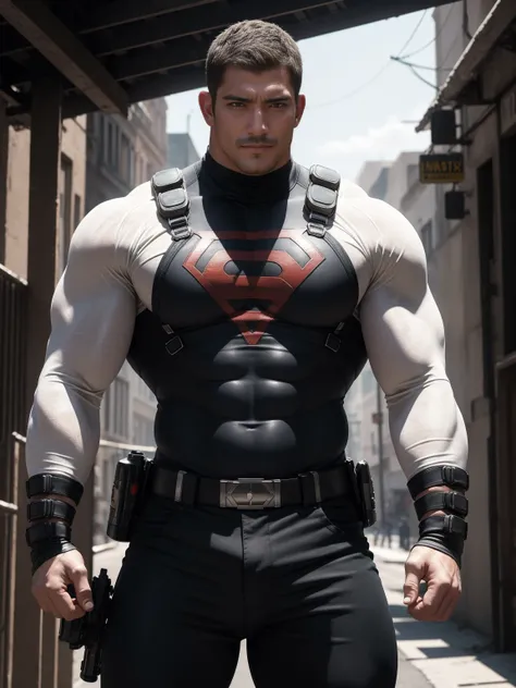 Angry super muscular man,  Buzz Cut，On the old-style outdoor street under the hot sun, Wear a long-sleeved cream superhero bodysuit, Thickened warm elastic texture，Clothes are very dirty with mud stains，The expression is arrogant, Thick thighs, Messy hair,...