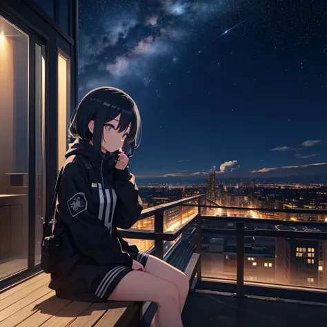 octane, null, star (null), scenery, starry null, night, one girl, night null, alone, outdoor, building, cloud, milky way, sittin...