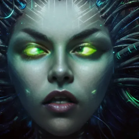 a close up of a person with a face with glowing lights, cyberpunk medusa, shodan from system shock 2, system shock 2, cyberpunk ...