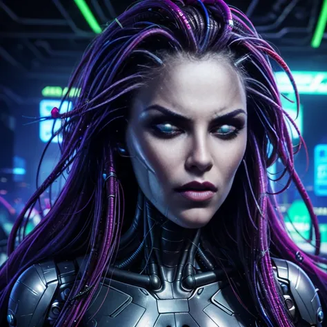 a close up of a person with a face with glowing lights, cyberpunk medusa, shodan from system shock 2, system shock 2, cyberpunk face, cyberpunk angry gorgeous druid, complex cybernetic beings, cyborg goddess in cosmos, cyberpunk angry gorgeous goddess, adv...