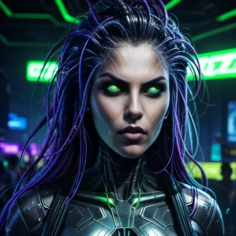 a close up of a person with a face with glowing green lights, cyberpunk medusa, wire hair, shodan from system shock 2, system sh...