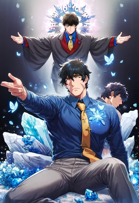 Ultra detailed, HDR, Highres, absurdres, master piece, Steven A. Starphase, black hair, expressive brown eyes, scar on his left cheek, Kekkai Sensen, blue glittering butterflies, petals, fantasy, blue flowers, sexy man, extremely detailed face and eyes, ha...