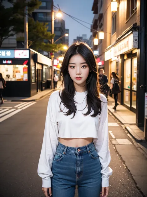 real photograph，tmasterpiece，araffed asian woman in white top and jeans standing on sidewalk, There are street lights on the streets，gorgeous korean young woman, beautiful Korean young women, beautiful Korean women, Korean girl, korean womens fashion model...