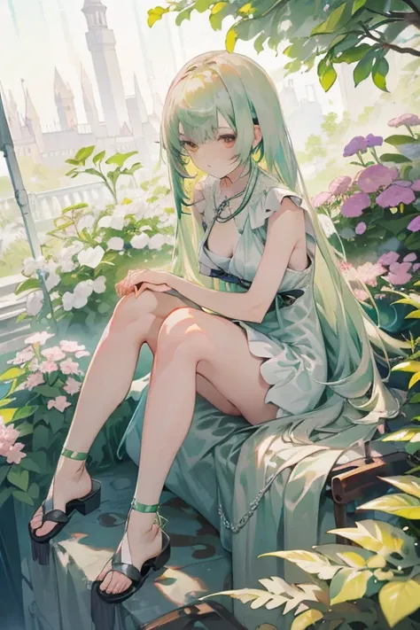 masterpiece, key anime visual, HDR, best quality, hi-res, anime girl with red eyes and white skin, adolescent, (((light green hair))), (((straight hair that goes to her knees))), wearing a plain white sleeveless mini dress, wearing tan sandals with no sock...