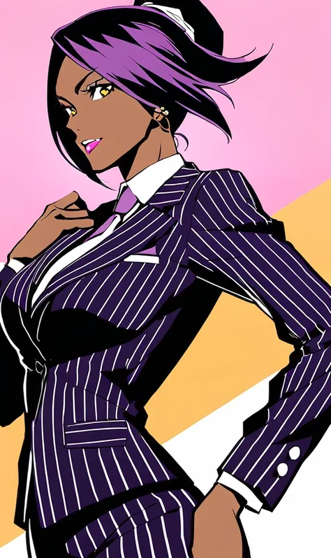 Black business woman in a purple pinstripe skirt suit 