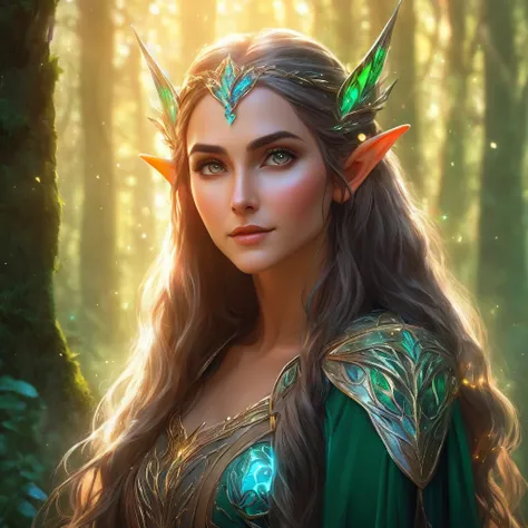 a beautiful elf woman, detailed facial features, long pointy ears, ethereal glowing skin, long flowing hair, elegant posture, de...