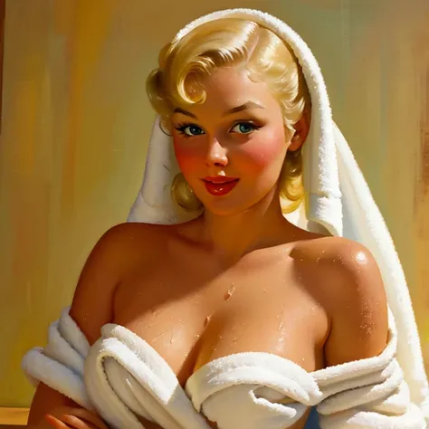 A Gil Elvgren pin-up style painting of a beautiful blonde woman in a towel, wet,