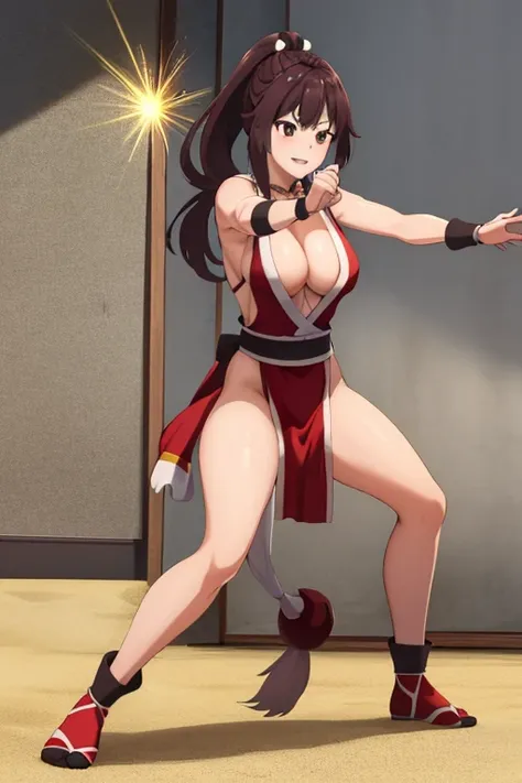 masterpiece, best quality, beautiful art, high resolution, well formed hands, body and fingers, 1 woman, solo, Megumin konosuba, grown up , adult, hair ribbon,big breasted, cleavage, full body, long hair, hair ornament gorgeous legs and thighs, cosplaying ...