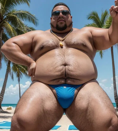 1 chubby man with extremely thick thighs , Careca, obeso, homem de meia idade, camisa branca aberta mostrando a barriga e peitoral usando apenas sunga vermelha e meias, parado na rua, looking at the sky, noite, luz do sol brilhante, Paradisiacal beach sett...