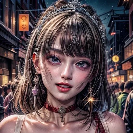 masterpiece of professional Analog photo, realistic and photorealistic with touch of rawness, (a close-up portrait of a tiny princess wearing white thongs on a city street), Dusk violet Sky, intricate lighting effects with light particles, (many colorful l...