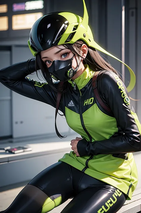 1woman, road cycling speed, long hair, green toxic gas mask, cycling suit and short, jersey, helmet, green toxic gas mask,