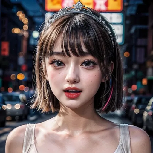 masterpiece of professional Analog photo, realistic and photorealistic with touch of rawness, (a close-up portrait of a tiny princess wearing white thongs on a city street), Dusk violet Sky, intricate lighting effects with light particles, (many colorful l...