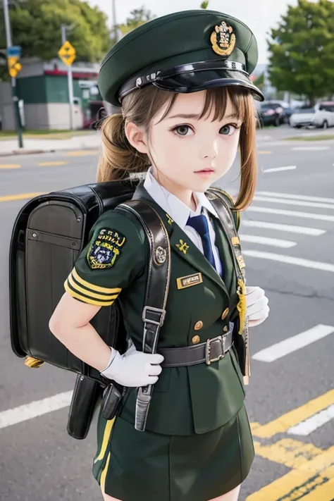 ((Original Character)) masterpiece, realistic, hd, 1girl, brown hair, yellow eyes, 10 y.o, cute girl, Genshin Impact, military gunner, miltary uniform, military cap, standing, outdoor, holding assault riffle, wearing school backpack, (backpack:1.1), wearin...