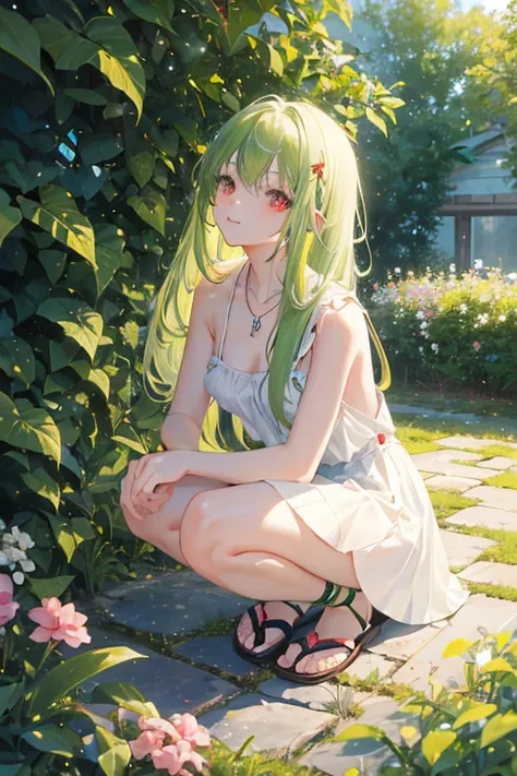 masterpiece, key anime visual, HDR, best quality, hi-res, (anime girl with red eyes and white skin), adolescent, (((light green hair))), (((straight hair that goes to her knees))), wearing a plain white sleeveless mini dress, wearing tan sandals with no so...