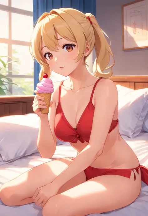 A 26-year-old cute girl，Blonde double ponytail hair，Bust 36D，Waist 72，Wearing a red bikini，Lying on white bed，Licking ice cream，Japanese anime style，Ultra high quality