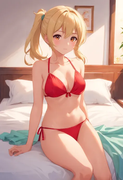 A 26-year-old cute girl，Blonde double ponytail hair，Bust 36D，Waist 72，Wearing a red bikini，Lying on white bed，Licking ice cream，Japanese anime style，Ultra high quality