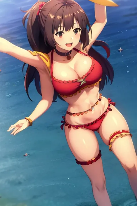 masterpiece, best quality, beautiful art, high resolution, well formed hands, body and fingers, 1 woman, solo, Megumin konosuba , grown up, arabian belly dancer, adult, big breasted, cleavage, hair ribbon, full body, sexy and skimpy outfit , gorgeous legs ...