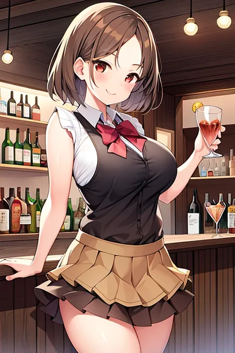 1girl, forehead, large breasts, skirt, brown skirt, bar, brown hair, short hair, smile, standing, mature female, layered skirt, sleeveless, long shirt, bowtie, bow, glass of water, cup, bare shoulders,