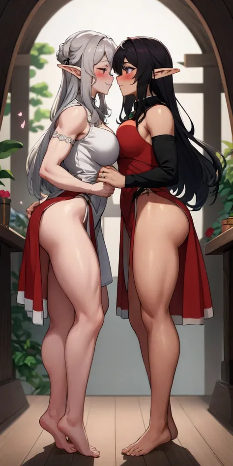 Body position: Standing, straight, symmetrical, barefoot, Lustful smile on face with red blush, 2 girls who gets married and stands in front of many people, kissing, purple skin drow elves