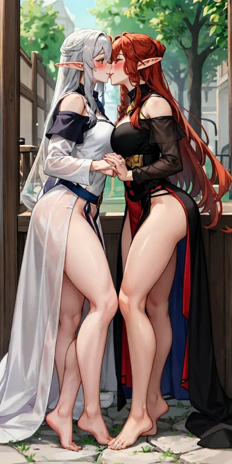 Body position: Standing, straight, symmetrical, barefoot, Lustful smile on face with red blush, 2 girls who gets married and stands in front of many people, kissing, purple skin drow elves