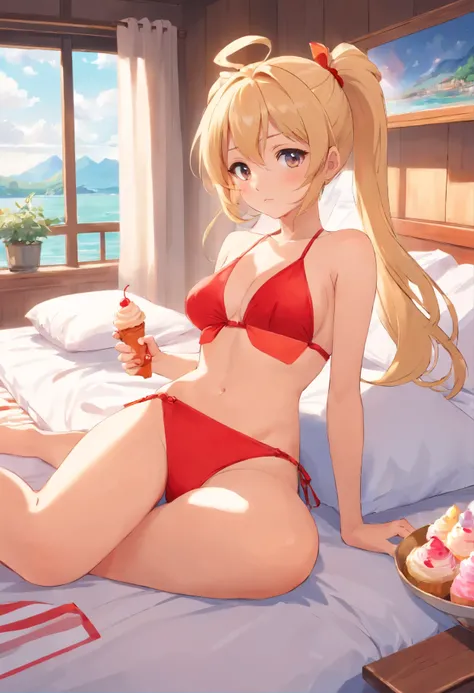 A 26-year-old cute girl，Blonde double ponytail hair，Bust 36D，Waist 72，Wearing a red bikini，Lying on white bed，Licking ice cream，Japanese anime style，Ultra high quality