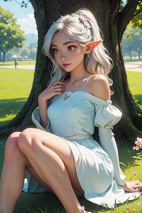 1female elf, beautiful and charming in medieval fashion trend, full body: 1.6, holding flowers, random hairstyle, pointed ears, ...