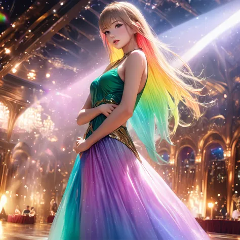 a beautiful elven dancer, 1 girl, rainbow hair, rainbow sheer silky billowing dress, doing a sultry dance with grand sweeping mo...